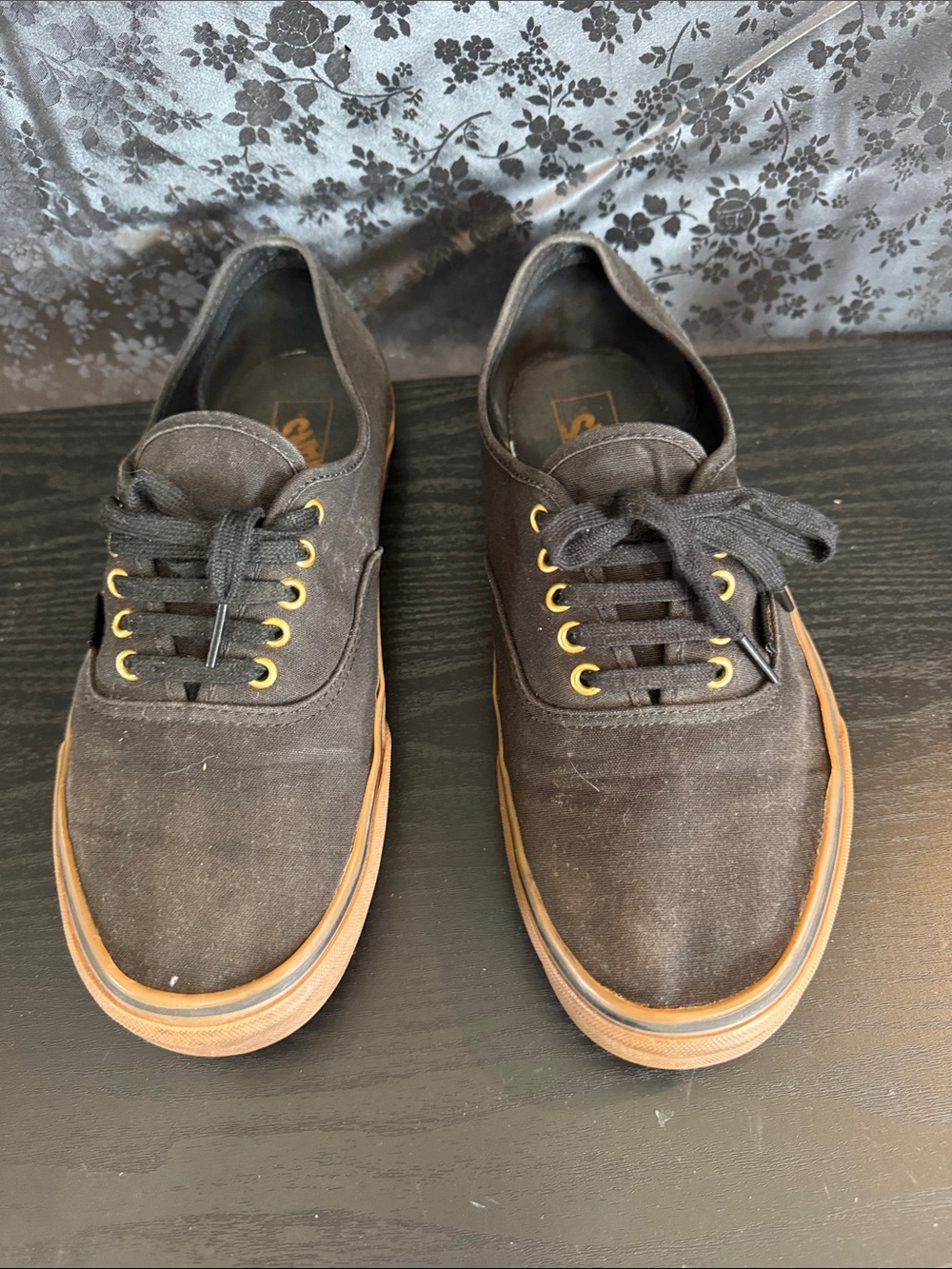 Vans Men's Black Canvas Sneakers with Gum Sole and Gold Eyelets